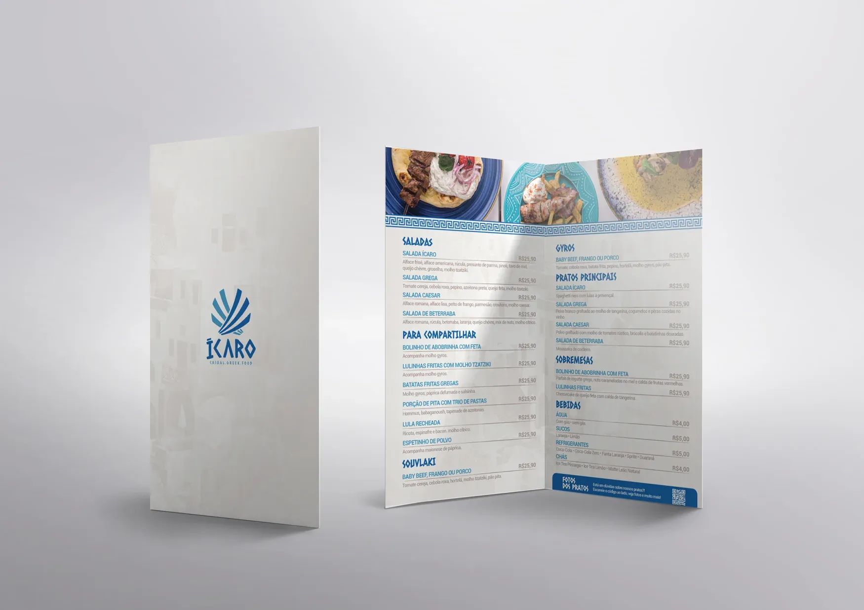 Ícaro's printed menu with a Greek key pattern