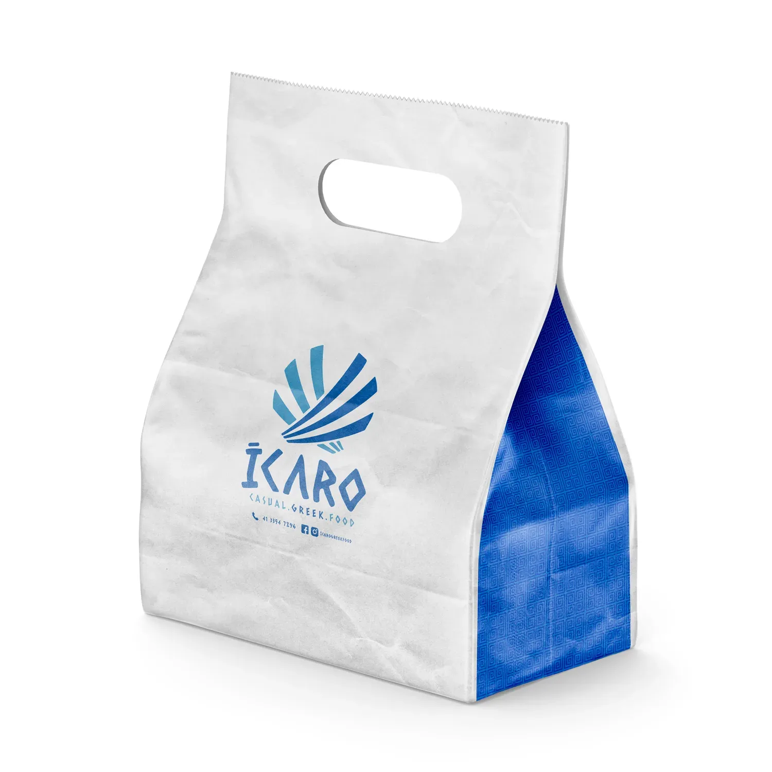 White kraft paper bag with the Ícaro mark