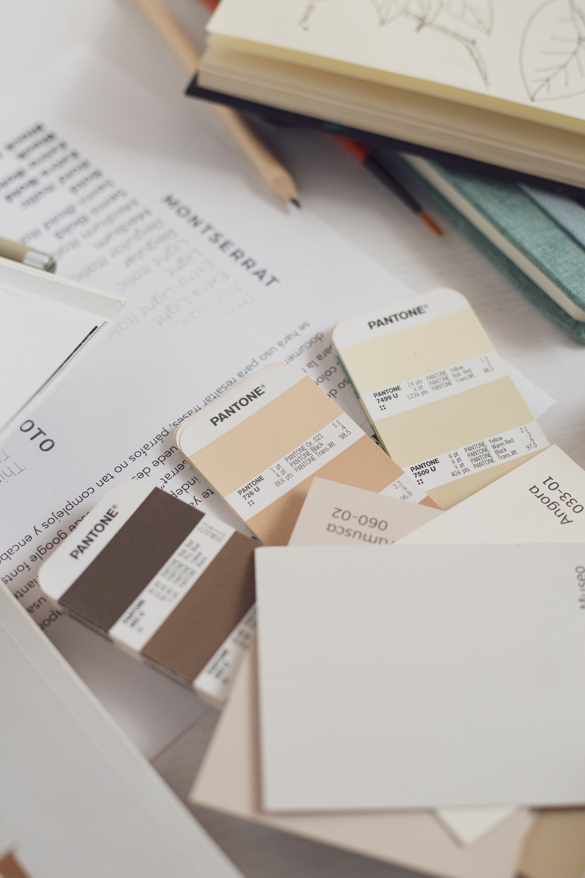 Amostras de cores Pantone e folha de tipografia sobre a mesa, representando materiais e orçamento de um projeto de design gráfico